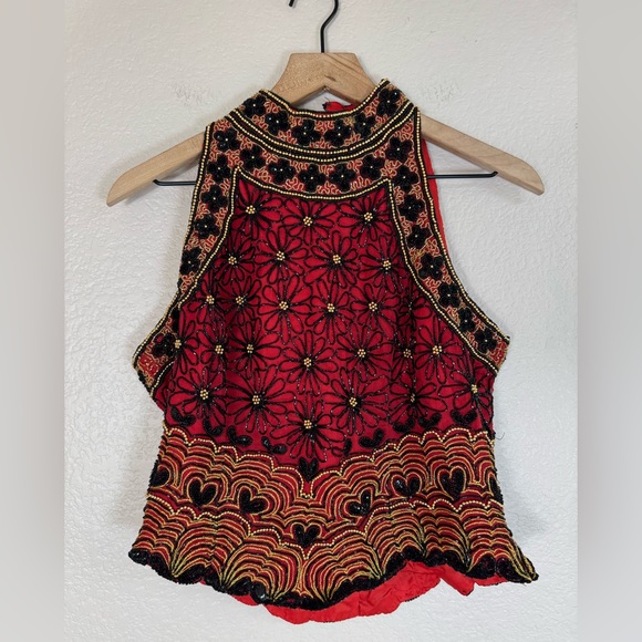 Adrianna Papell Tops - Papell Boutique Evening 100% Silk Beaded Sequin Halter Blouse Black Red size L